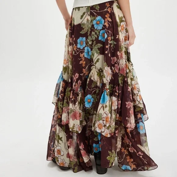 NWT Free People Palermo Villa Chiffon Maxi Skirt-Chocolate Combo - Picture 2 of 5